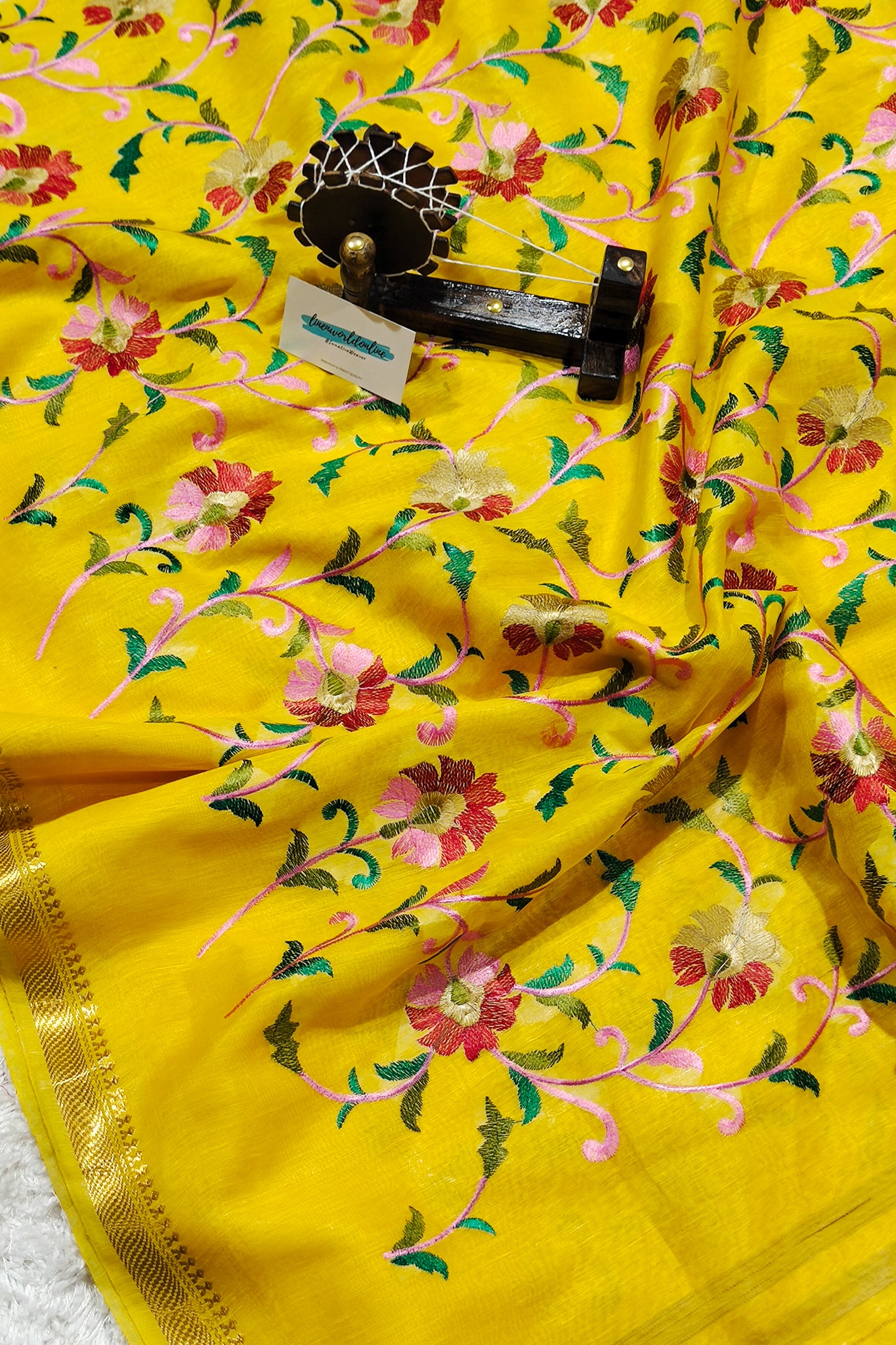 yellow silk linen floral embroidered saree - linenworldonline.in
