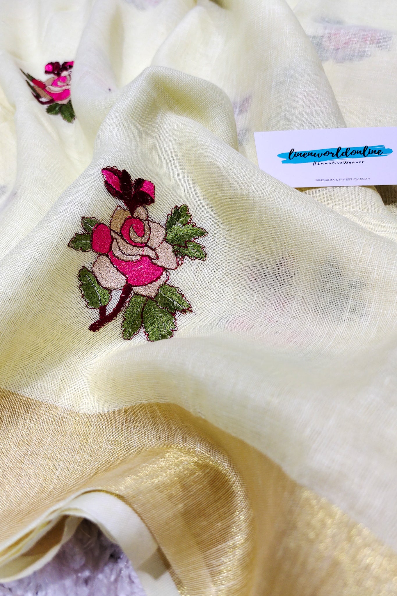 gulaab - pure linen dIgital embroidered saree - linenworldonline.in