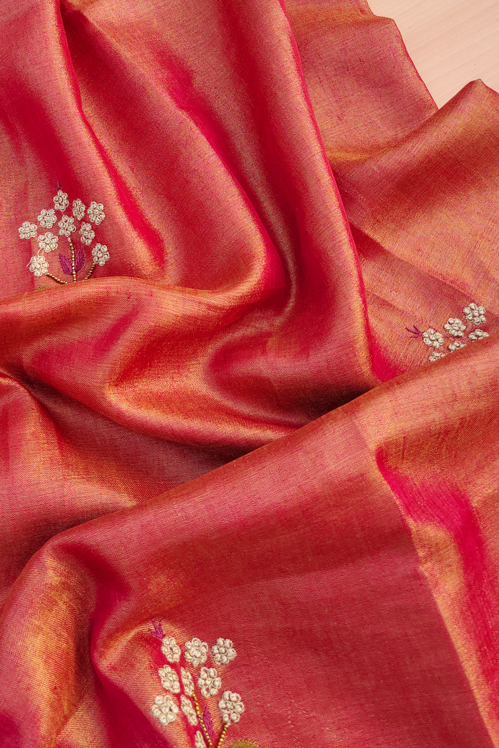 emily - pink pure organic zari linen french knot saree - linenworldonline.in