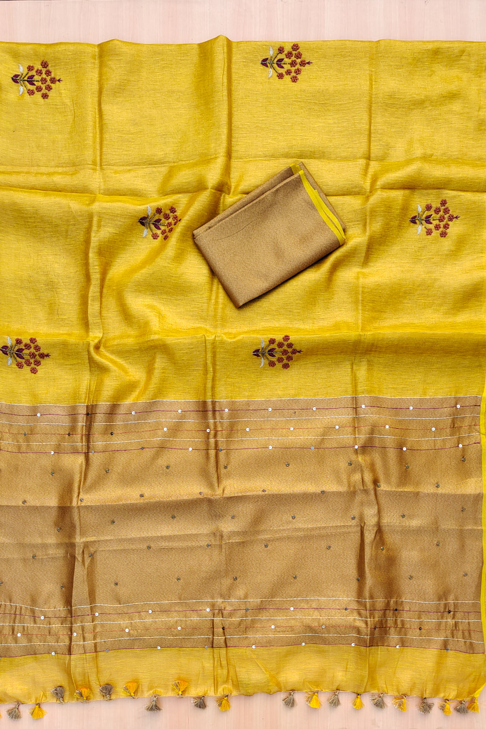 emma - yellow pure organic zari linen french knot saree - linenworldonline.in