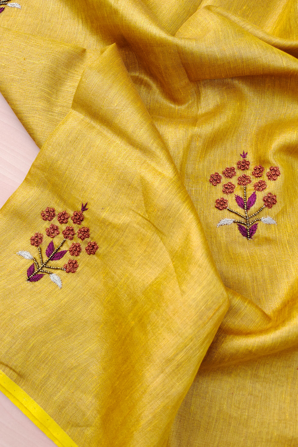 emma - yellow pure organic zari linen french knot saree - linenworldonline.in