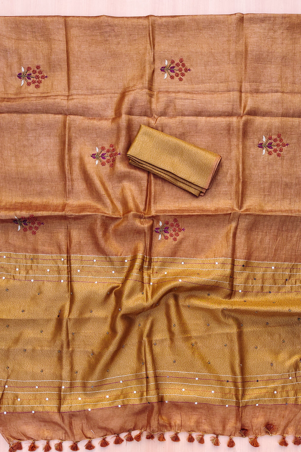 charlotte - copper pure organic zari linen french knot saree - linenworldonline.in