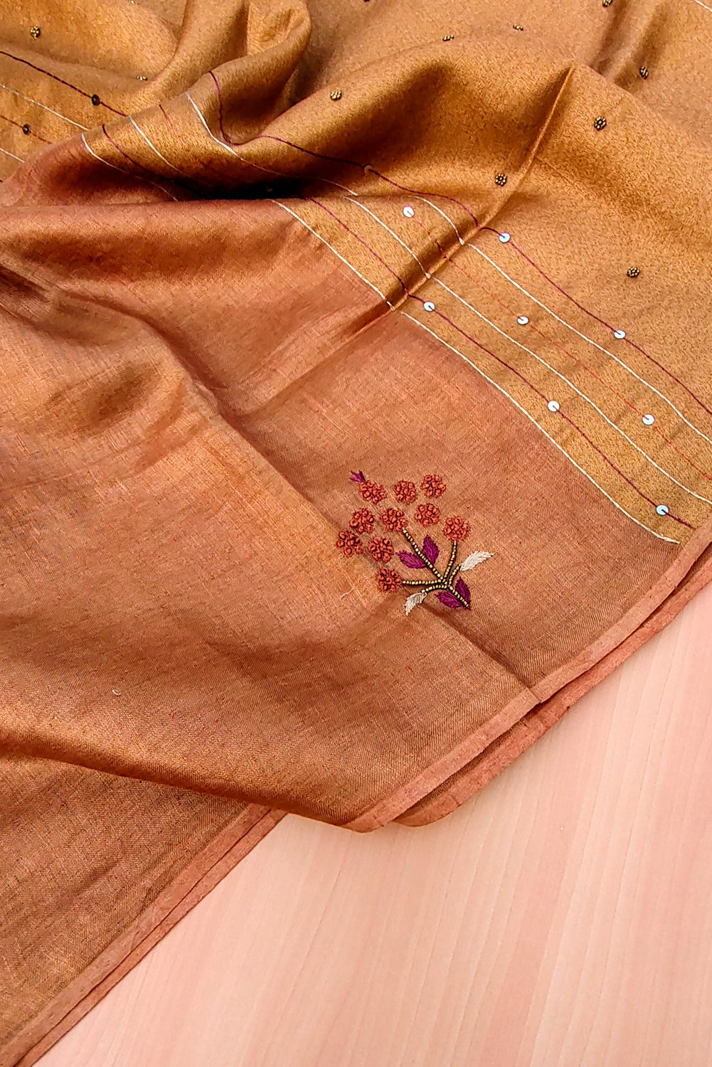 charlotte - copper pure organic zari linen french knot saree - linenworldonline.in