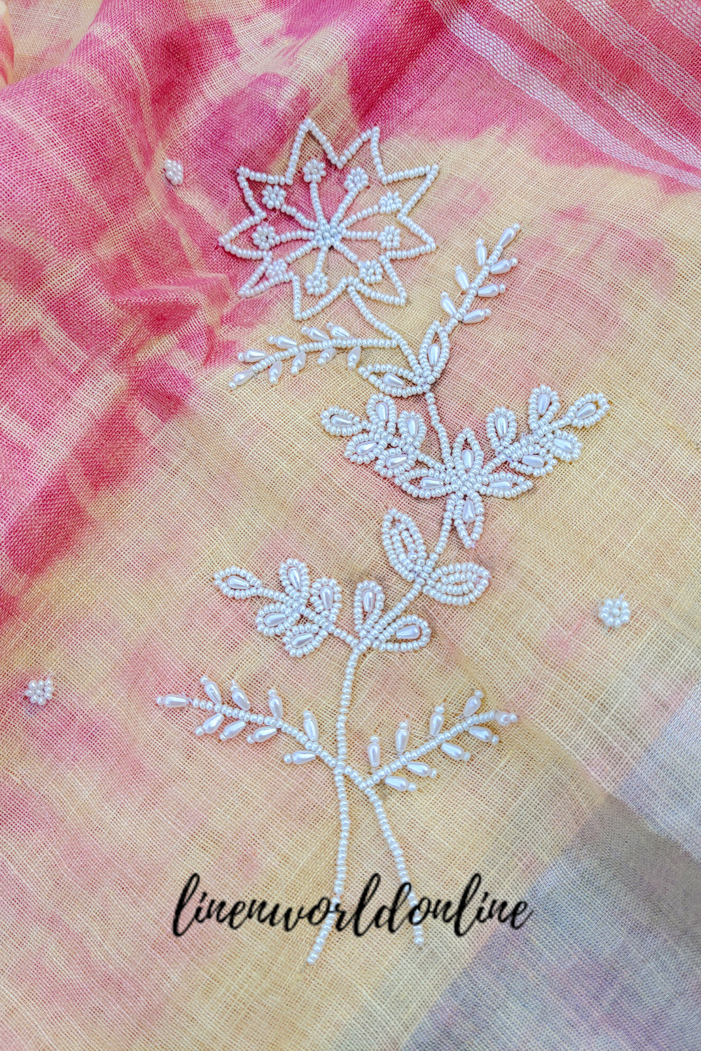 disha - pink and cream pure linen shibori saree with pearl hand embroidery saree - linenworldonline.in