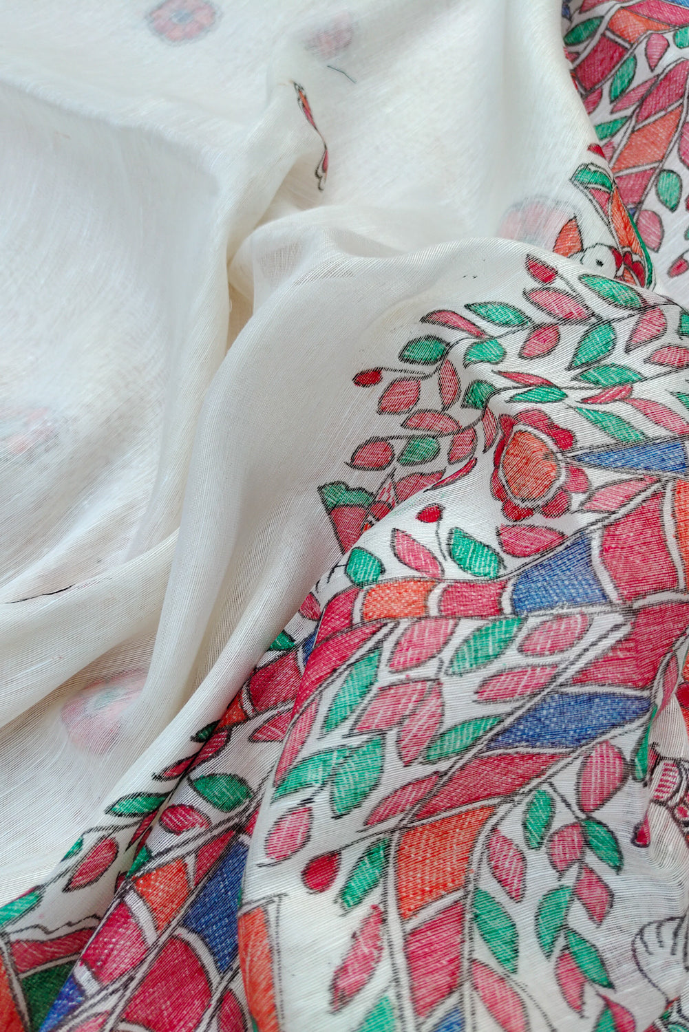 radha - madhubani handpainted silk linen saree - linenworldonline.in