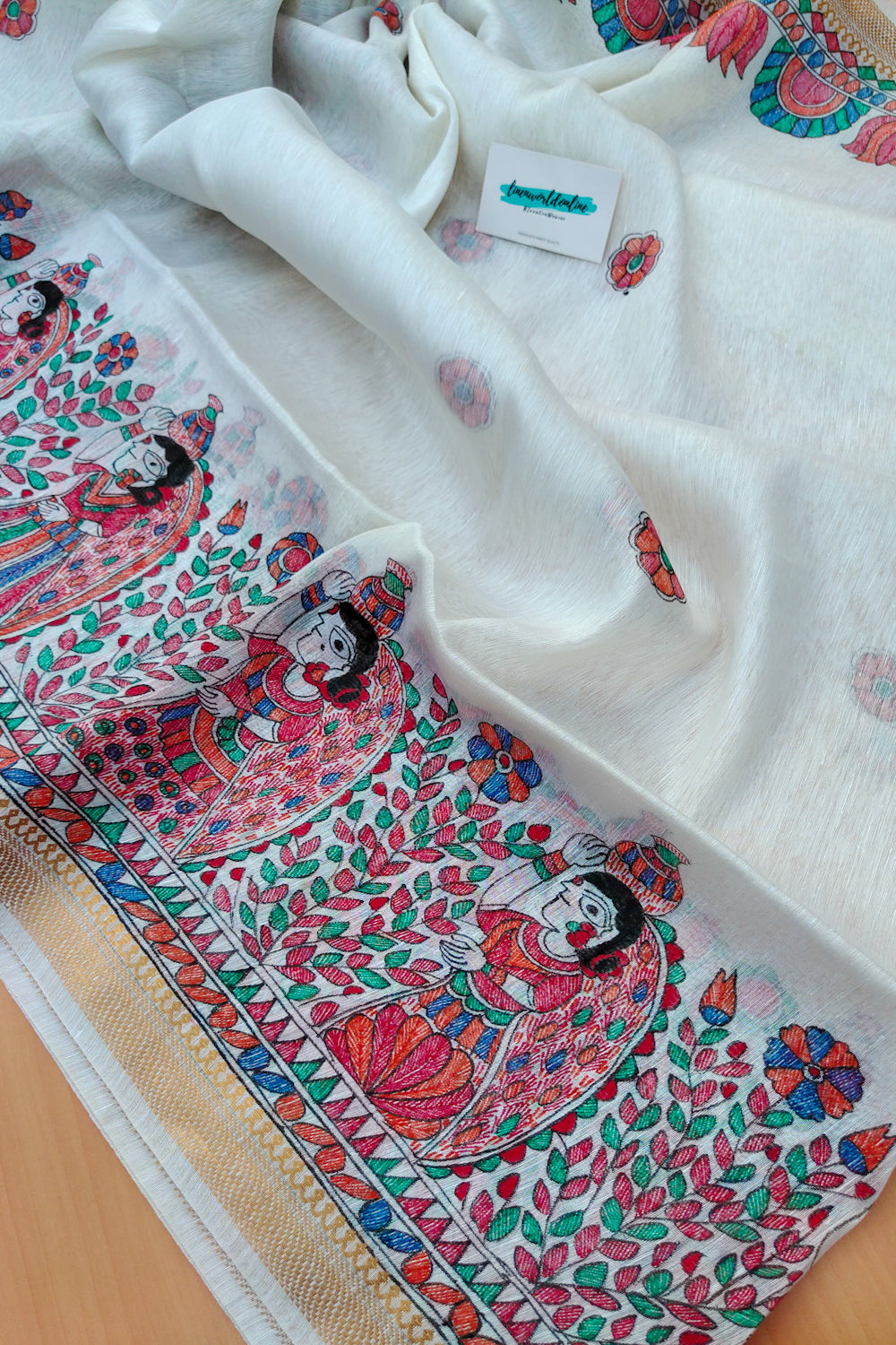 radha - madhubani handpainted silk linen saree - linenworldonline.in