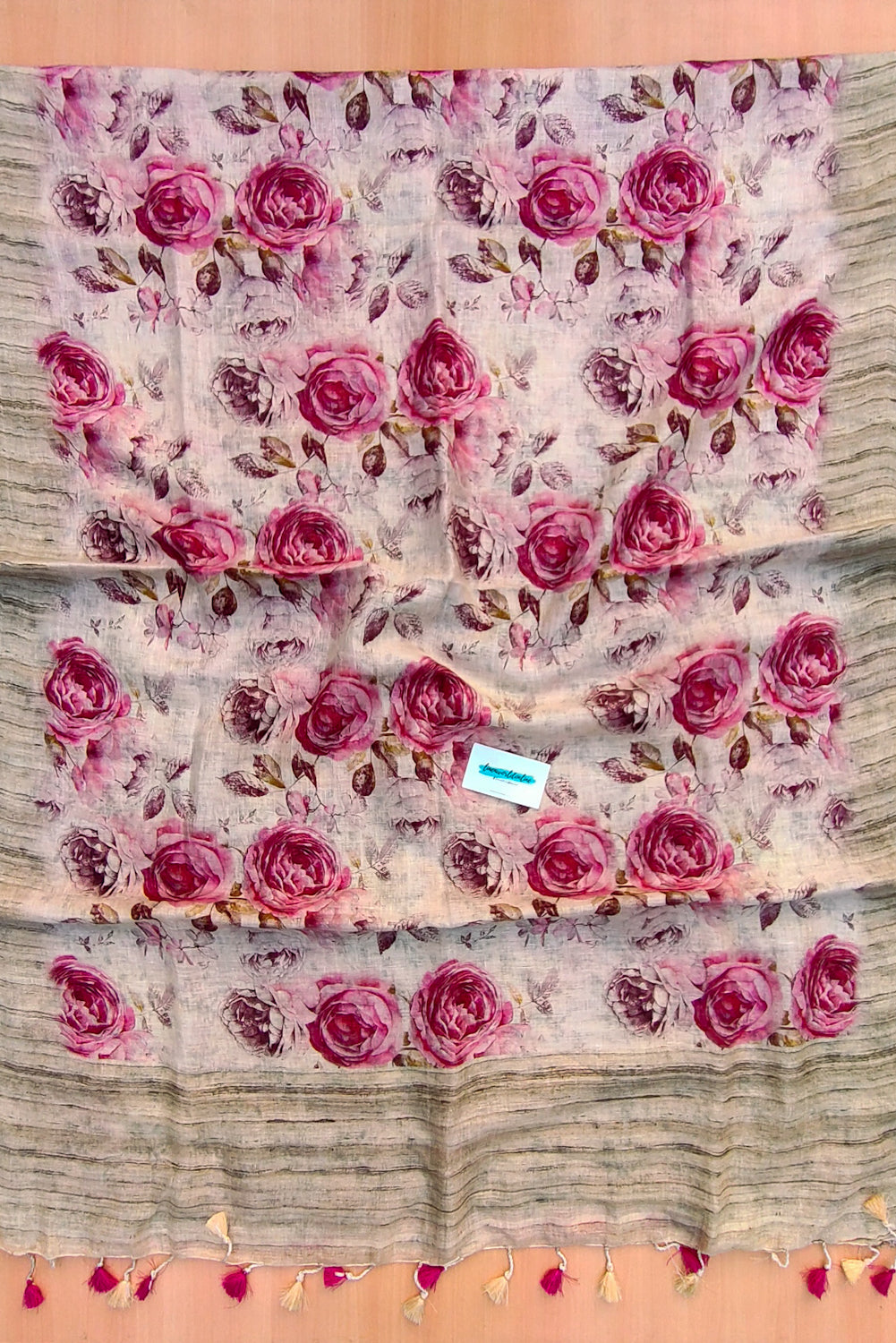 rozi - floral digital printed pure linen saree - linenworldonline,in