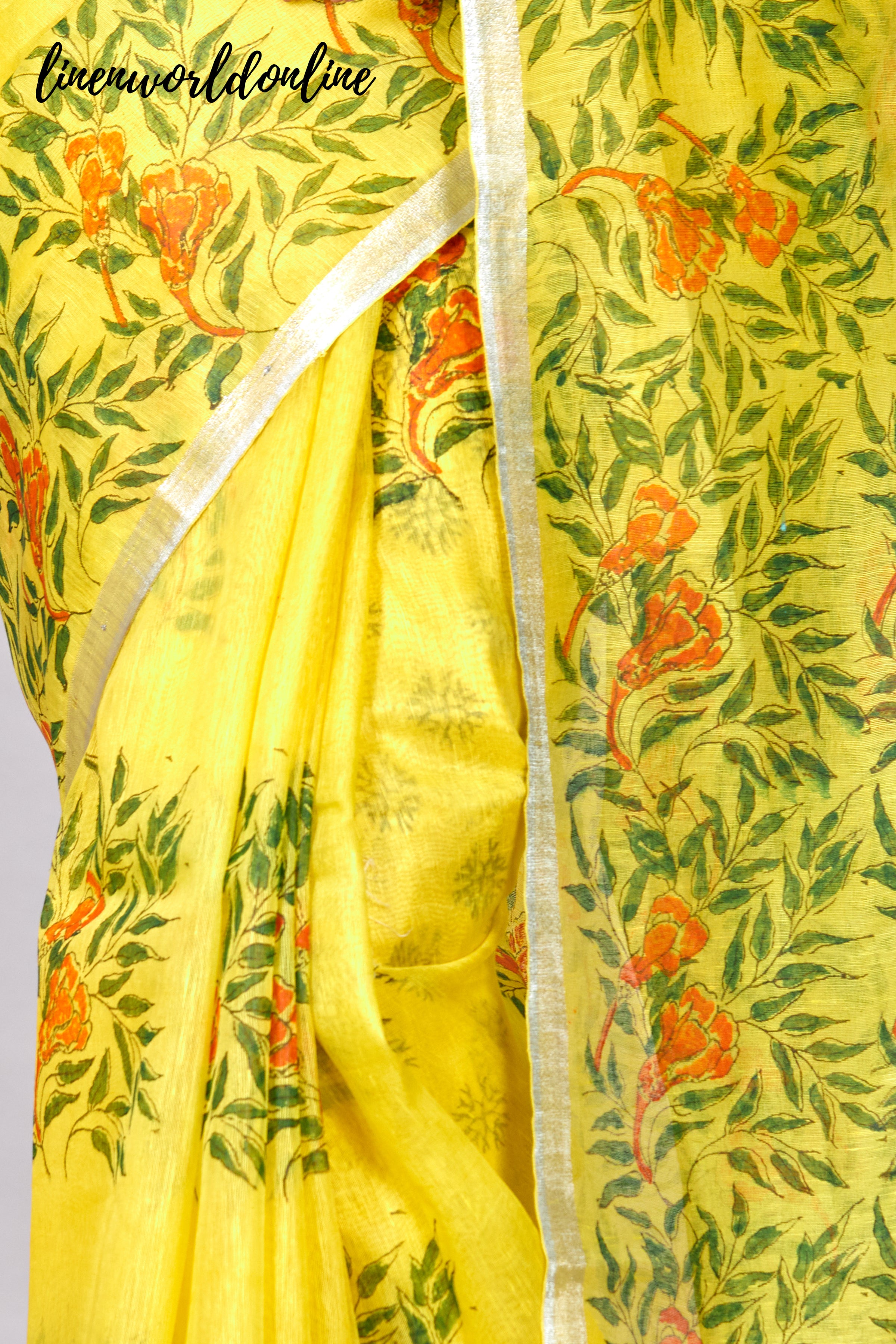 silk linen block printed saree