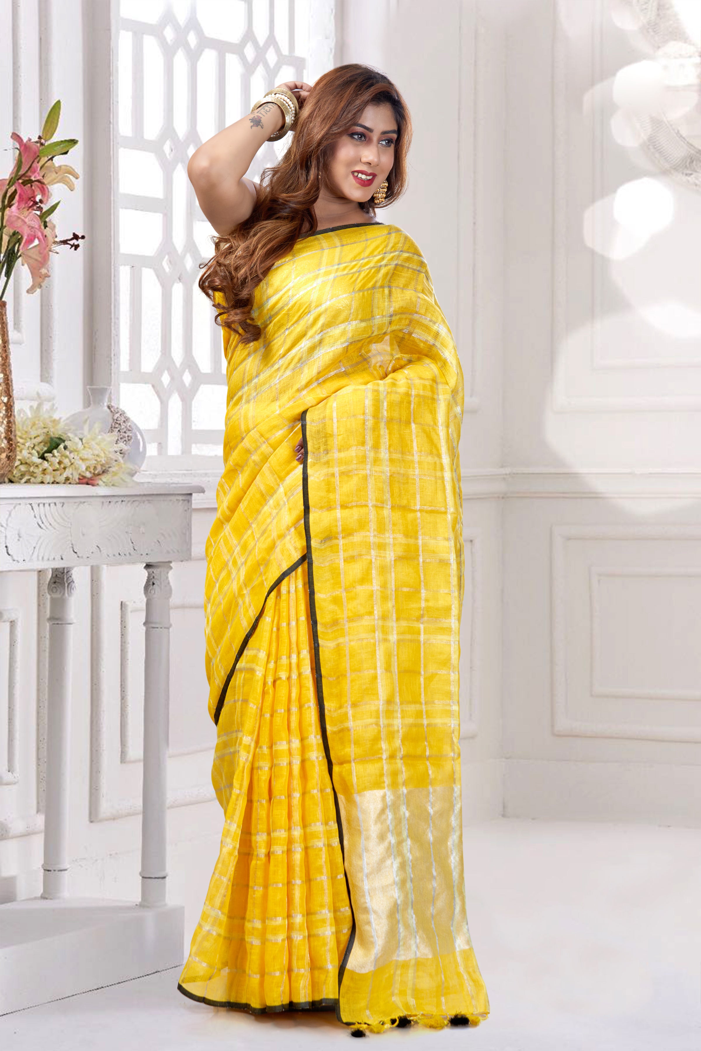 yellow checkered pure linen saree