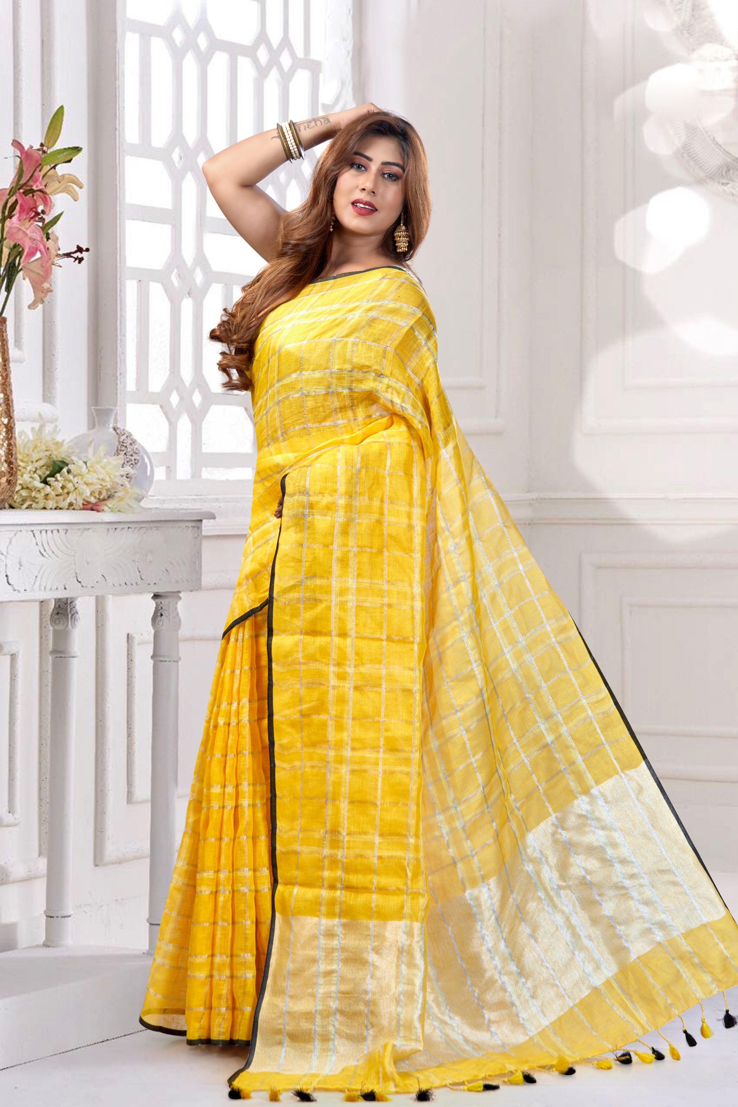 ishani - mango yellow checkered pure linen saree  - linenworldonline.in