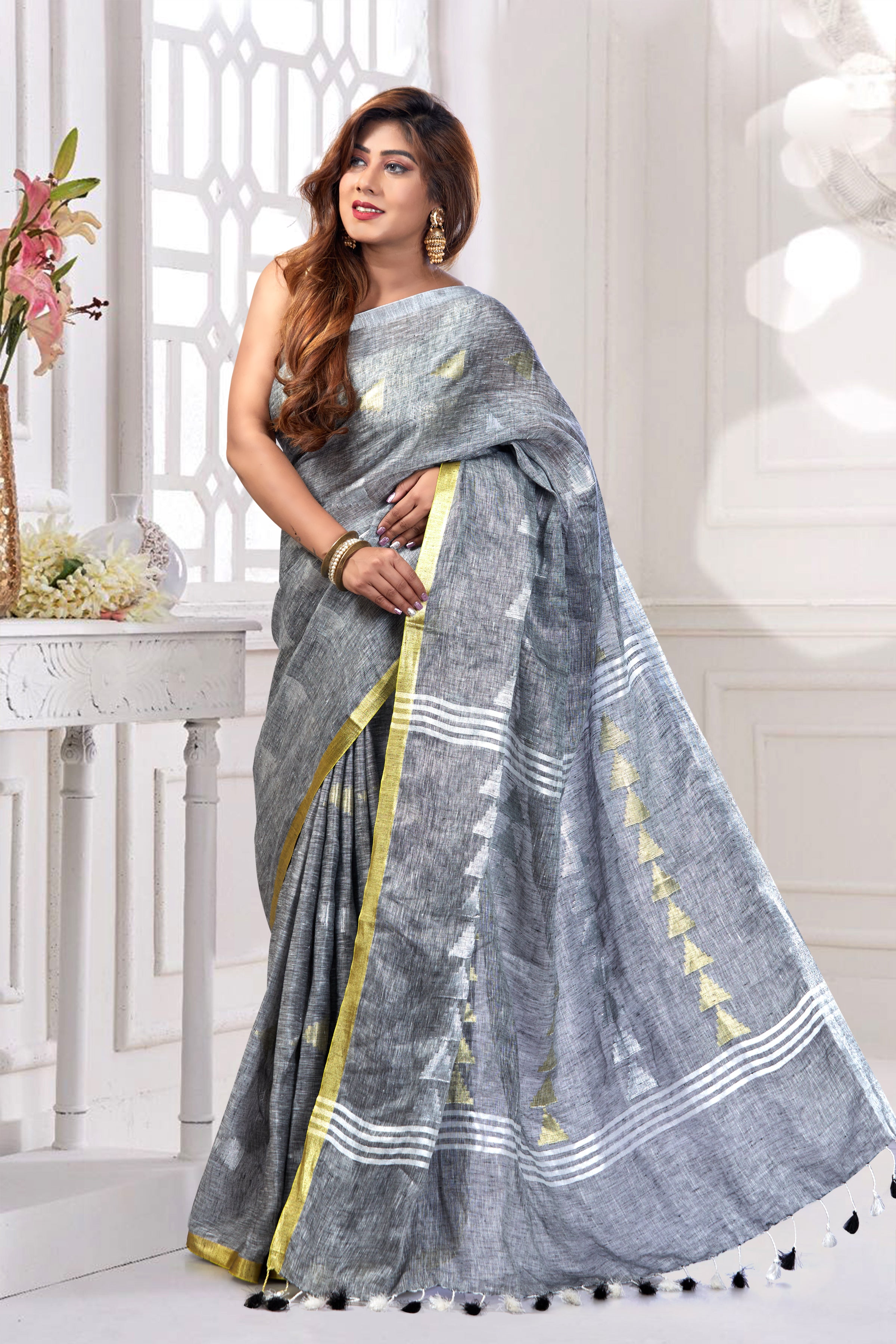 Grey Handwoven Cotton Linen Saree – Beatitude