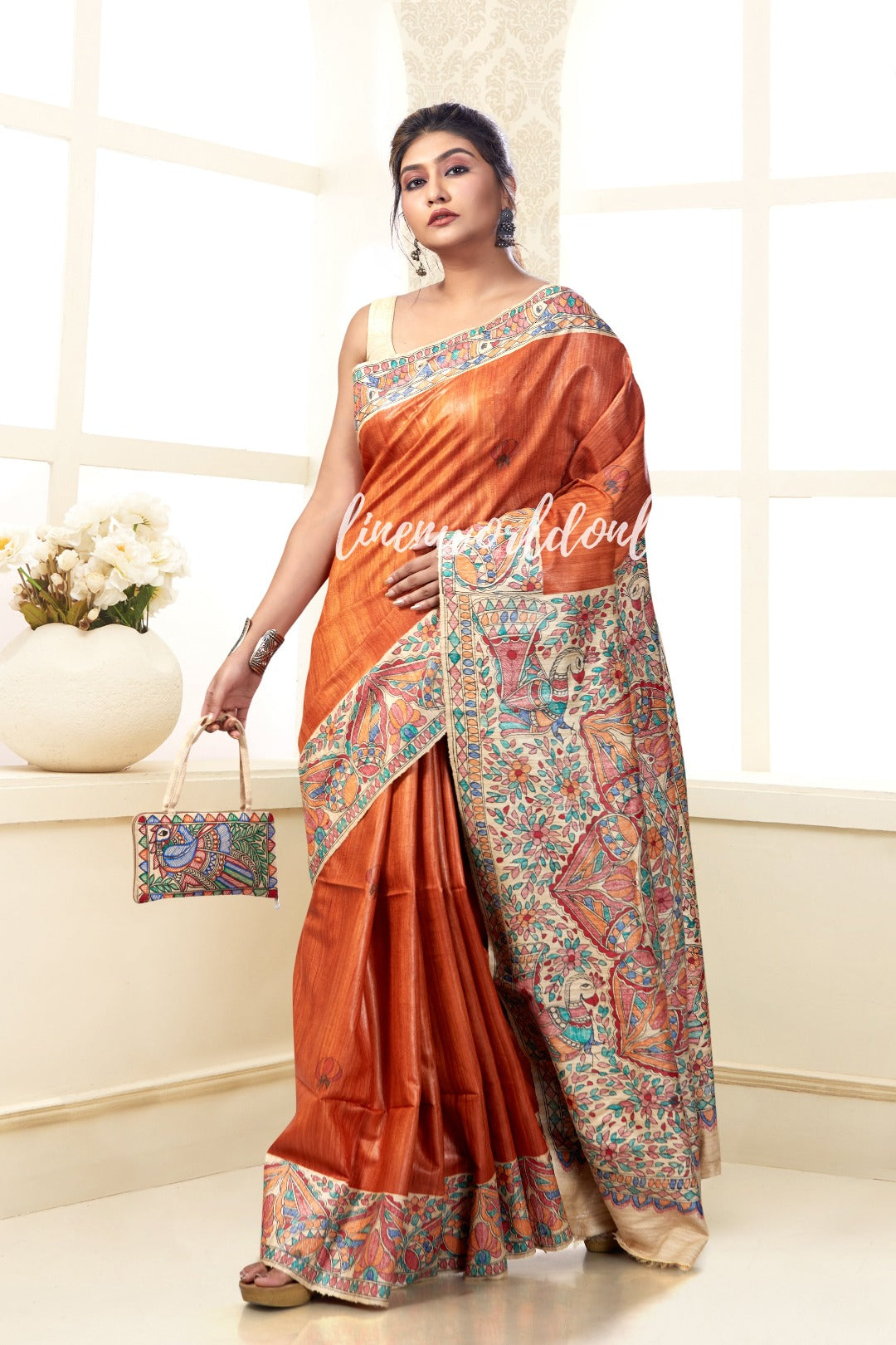 madhubani handpainted tussar ghicha handloom silk saree - linenworldonline.in