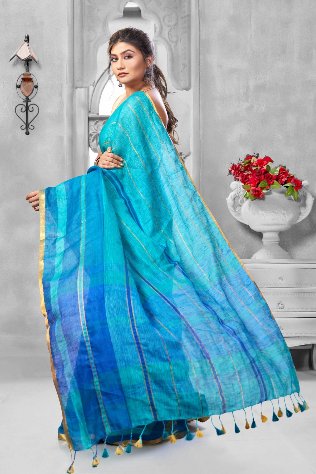 turquoise blue handloom pure linen saree - linenworldonline.in