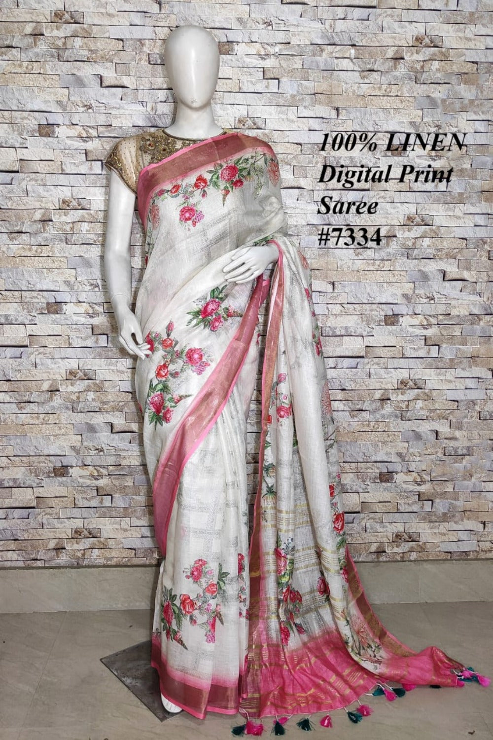 cream pink digital printed handloom pure linen saree - linenworldonline.in