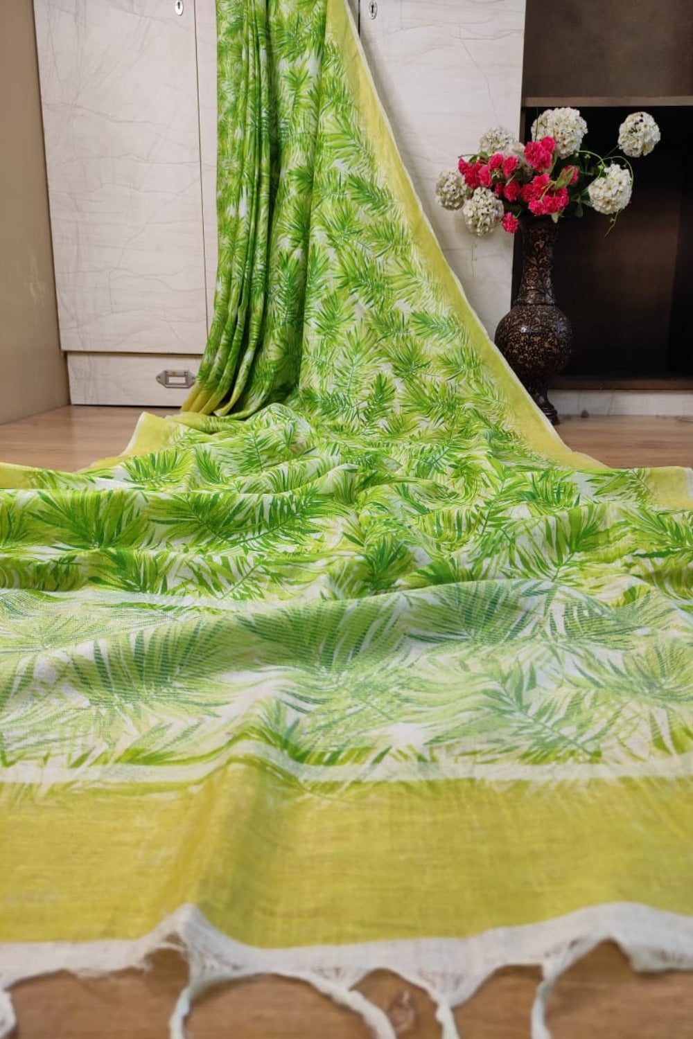 green digital printed handloom pure linen saree - linenworldonline.in