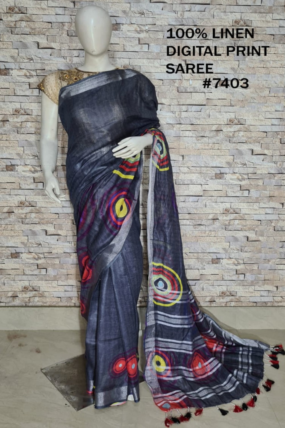 blackdigital printed handloom pure linen saree - linenworldonline.in