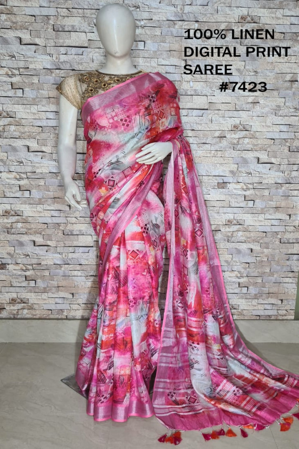 pink digital printed handloom pure linen saree - linenworldonline.in