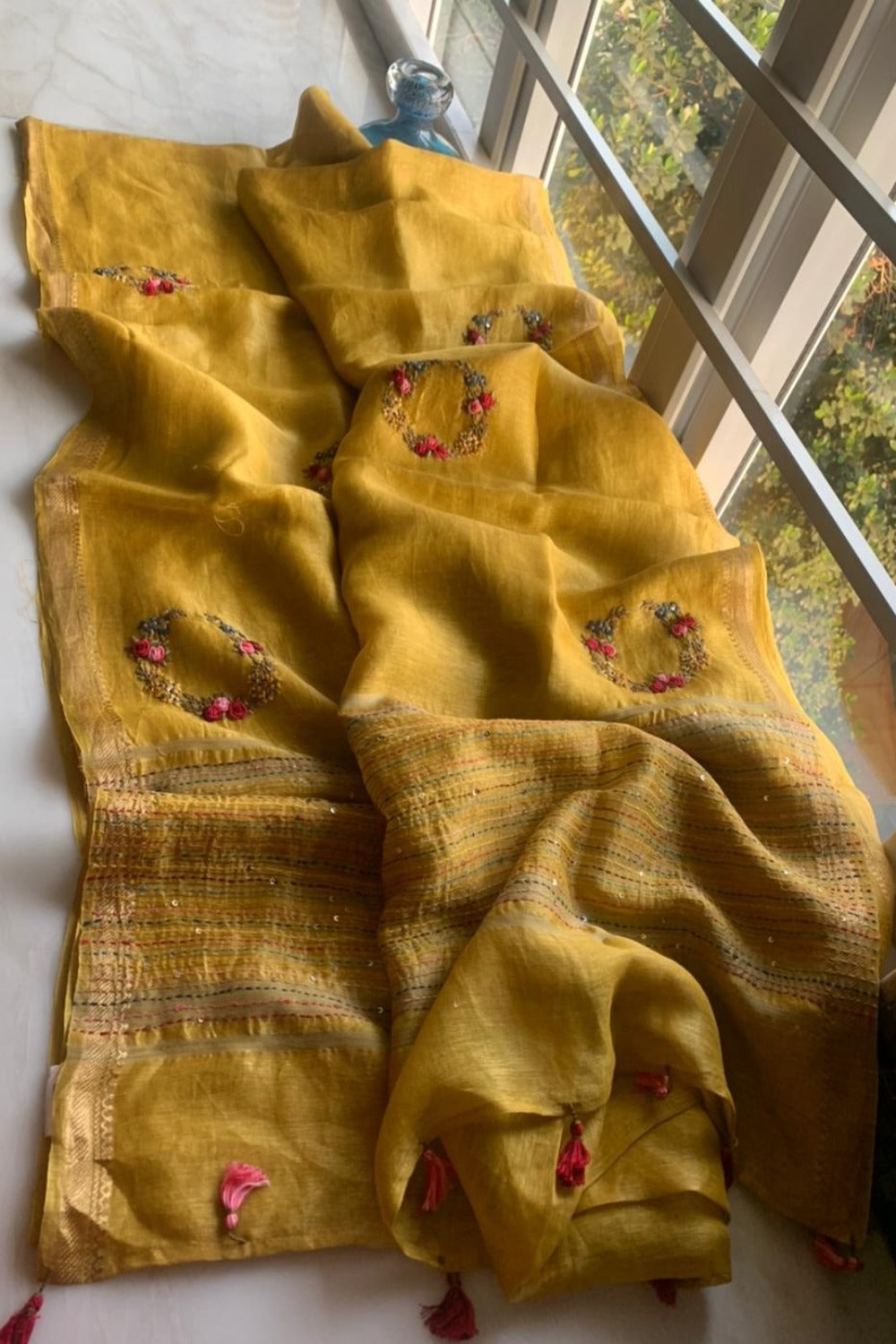 mustard yellow embroidered french knot silk linen saree - linenworldonline.in