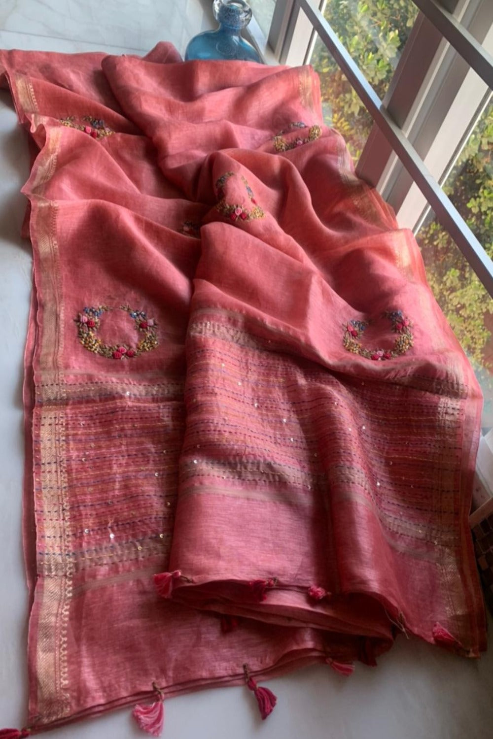 blush pink embroidered french knot silk linen saree - linenworldonline.in