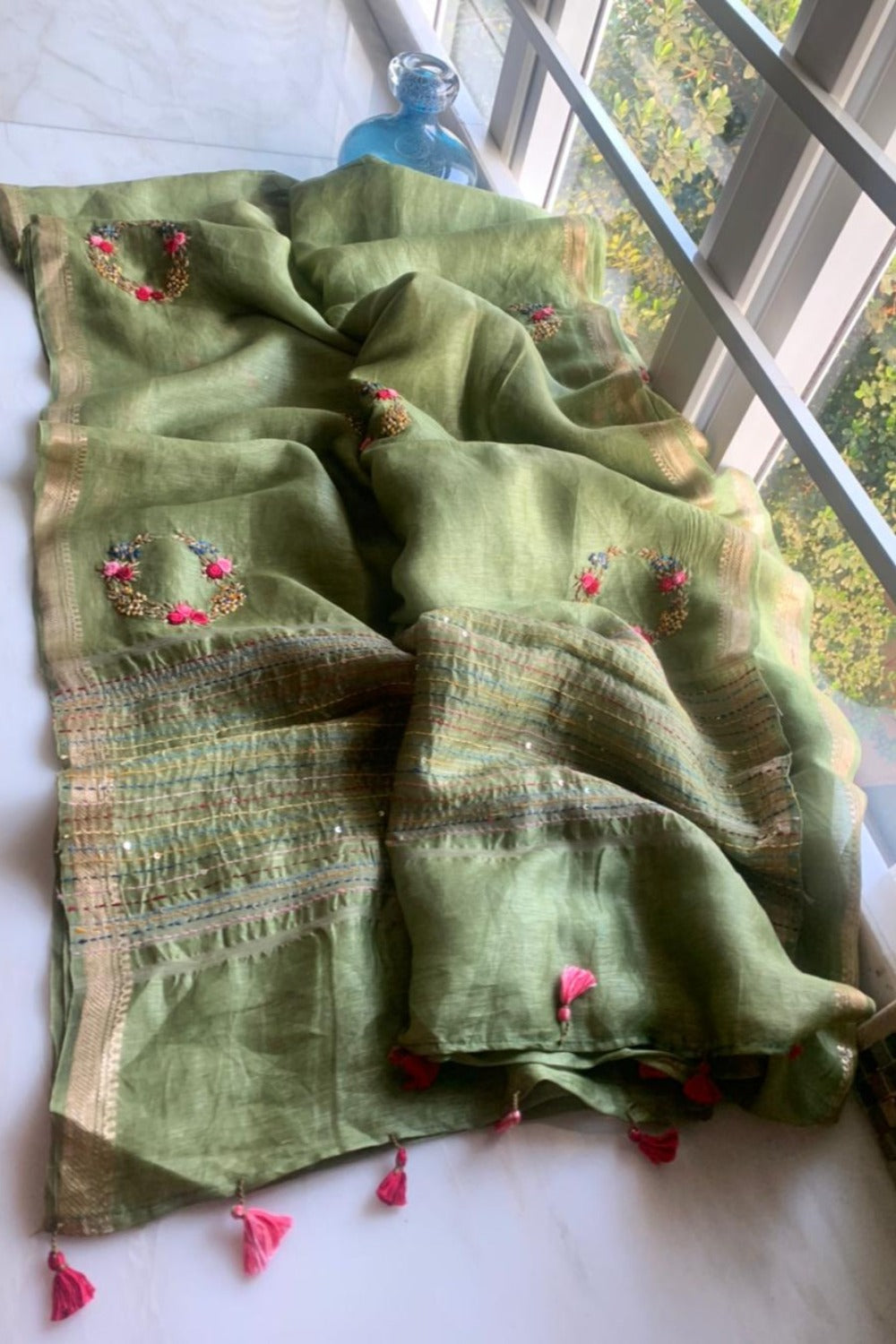 green embroidered french knot silk linen saree - linenworldonline.in