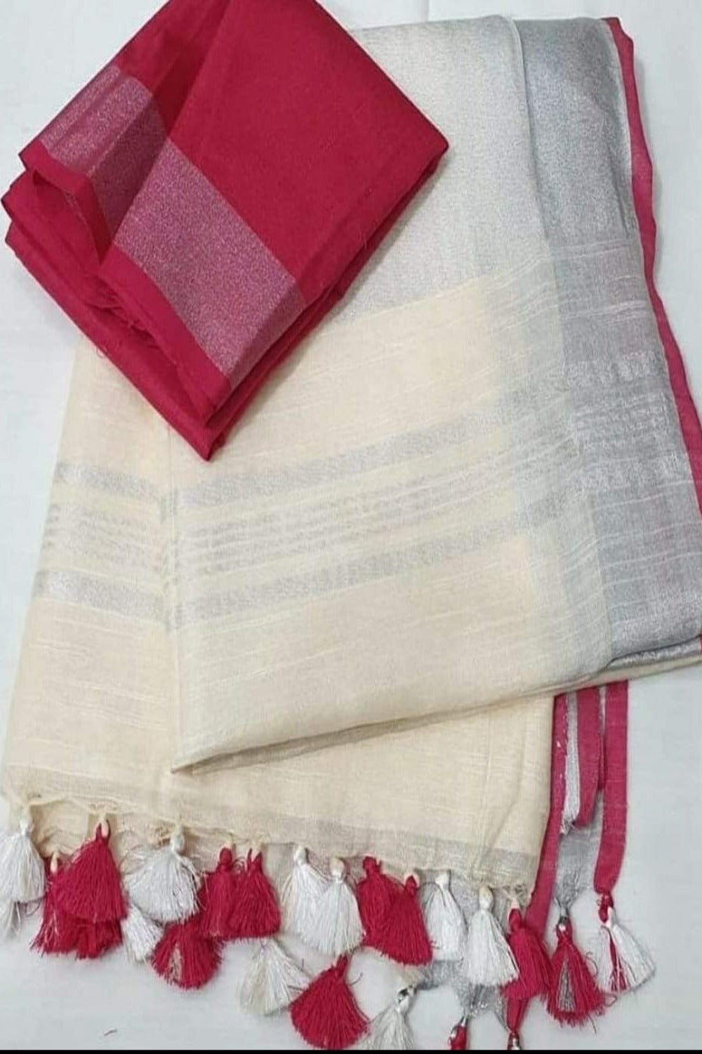 cream handloom cotton linen saree - linenworldonline.in