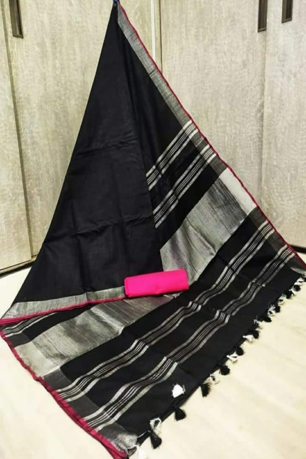 black cotton linen saree - linenworldonline.in