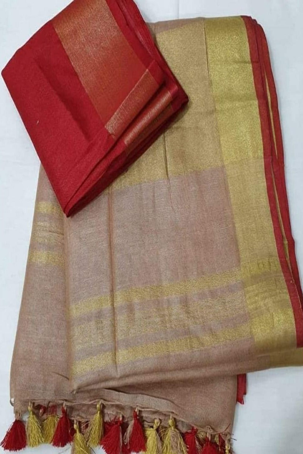 khaki handloom cotton linen saree - linenworldonline.in