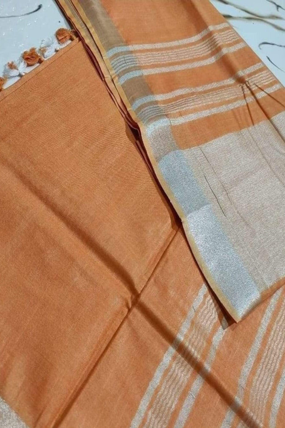 clay brown handloom cotton linen saree - linenworldonline.in