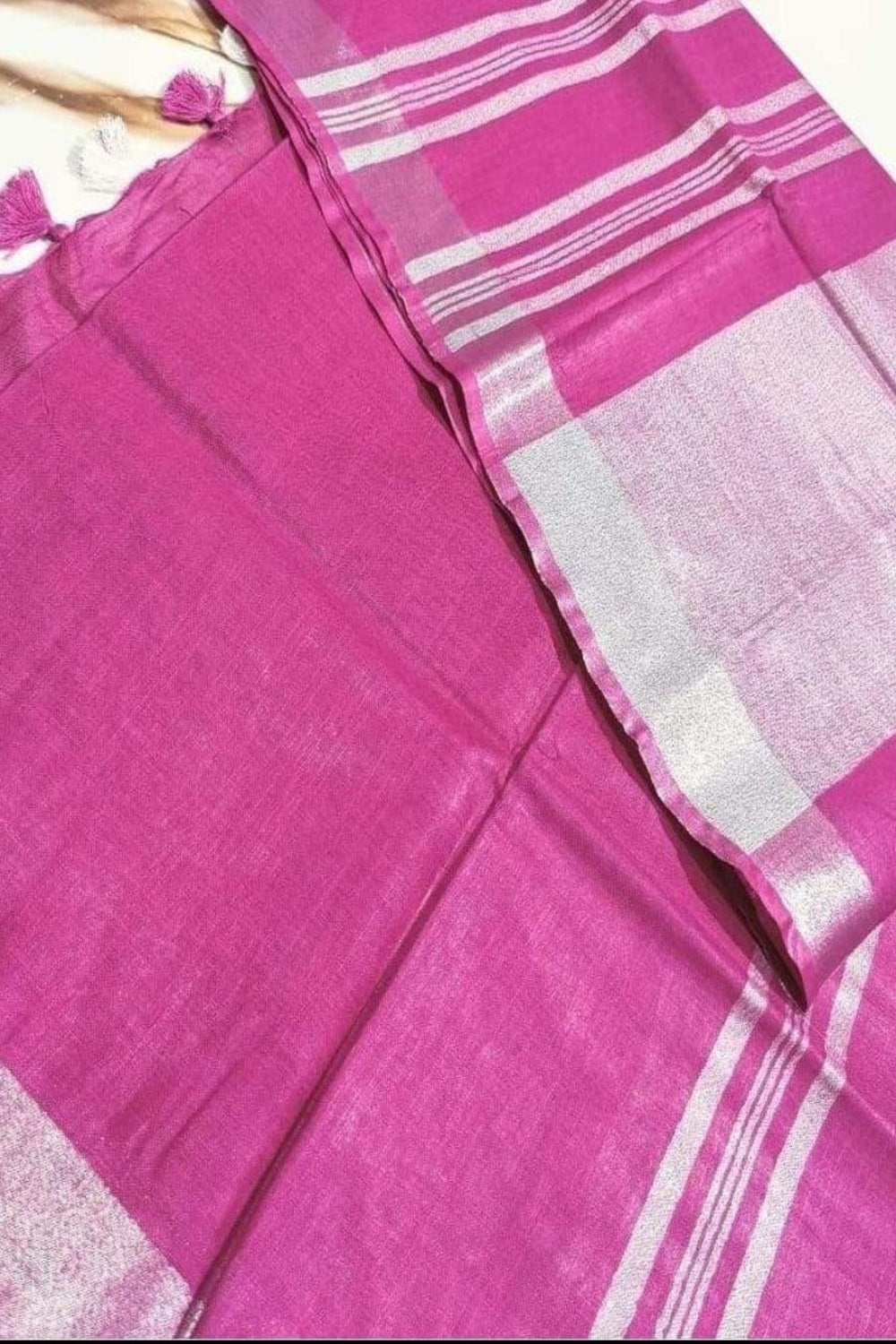 raspberry pink handloom cotton linen saree - linenworldonline.in