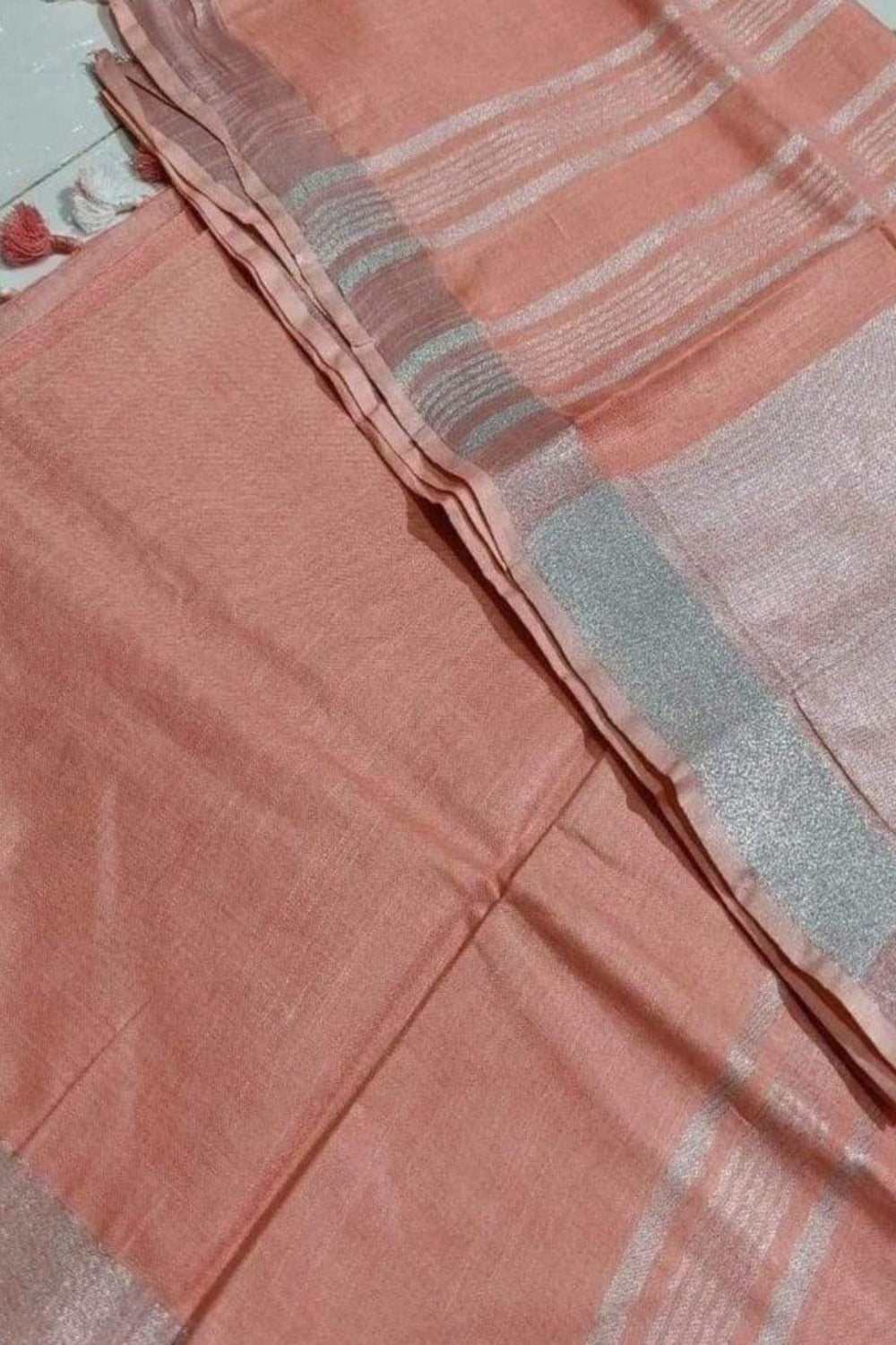 peach handloom cotton linen saree - linenworldonline.in