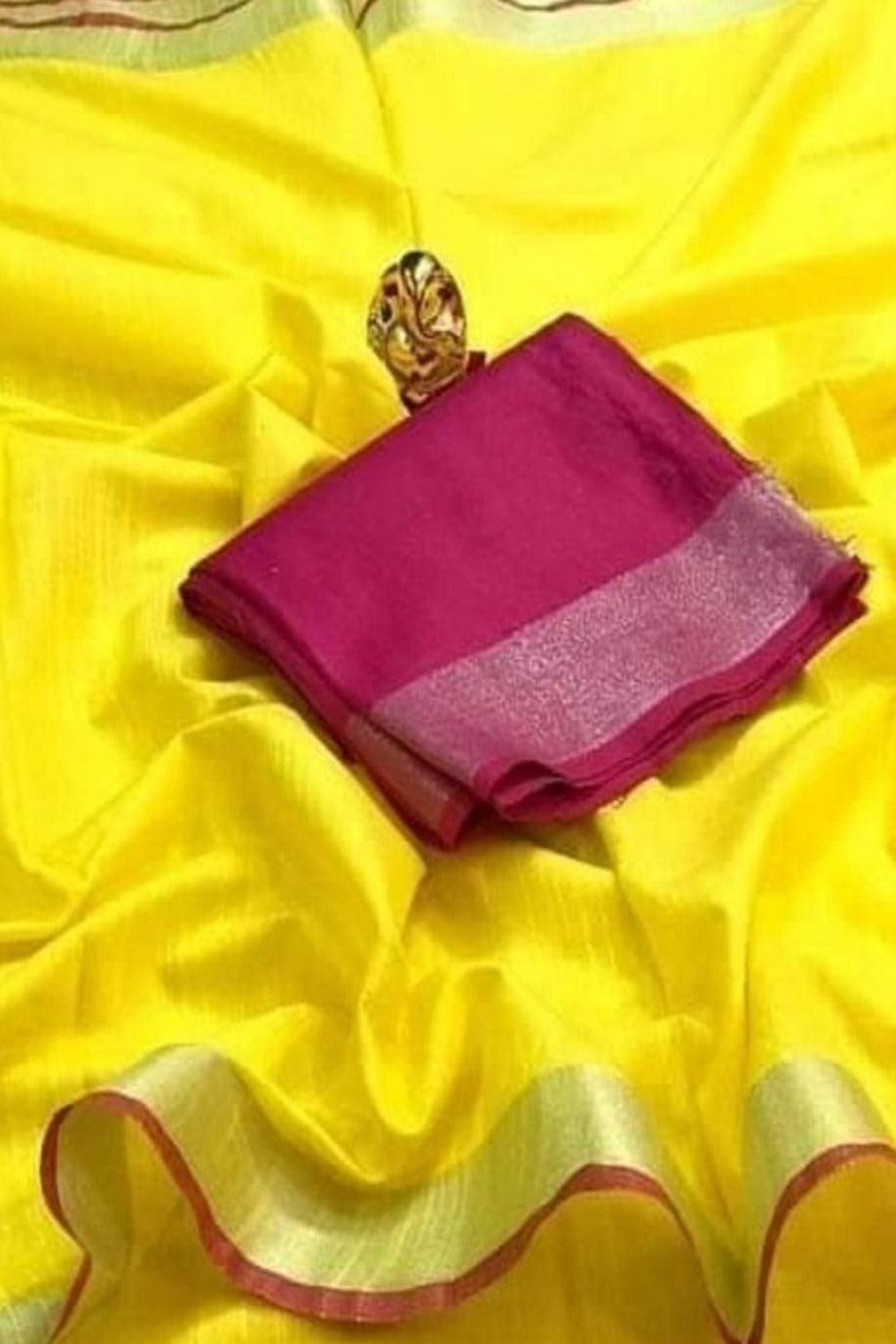 yellow handloom cotton linen saree - linenworldonline.in