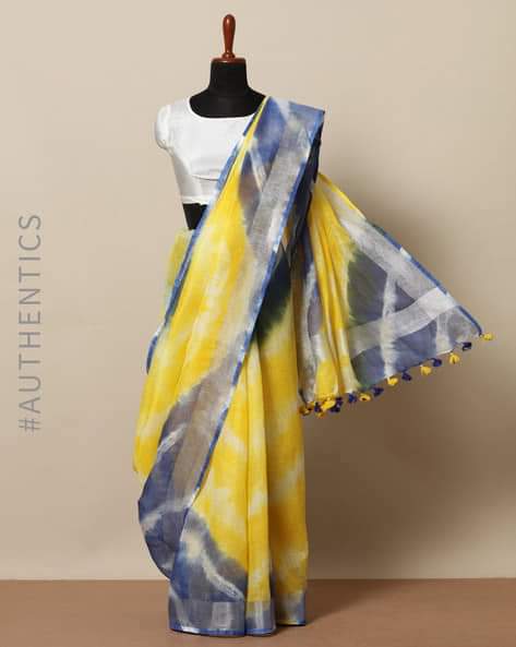 blue yellow shibori linen saree - linenworldonline.in