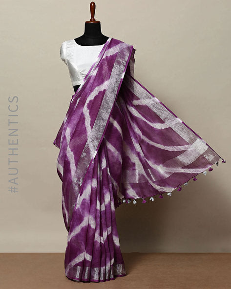 purple pure linen shibori dyed saree - linenworldonline.in
