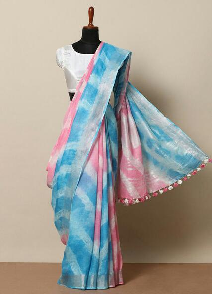 pink  blue pure linen shibori dyed saree - linenworldonline.in