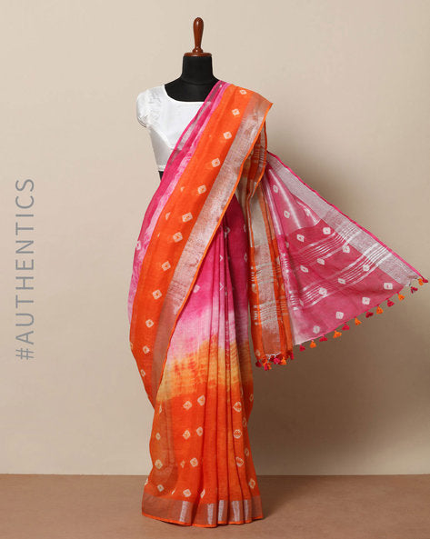 pink orange pure linen shibori dyed saree - linenworldonline.in