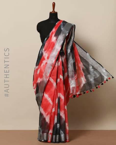 red black pure linen shibori dyed saree - linenworldonline.in