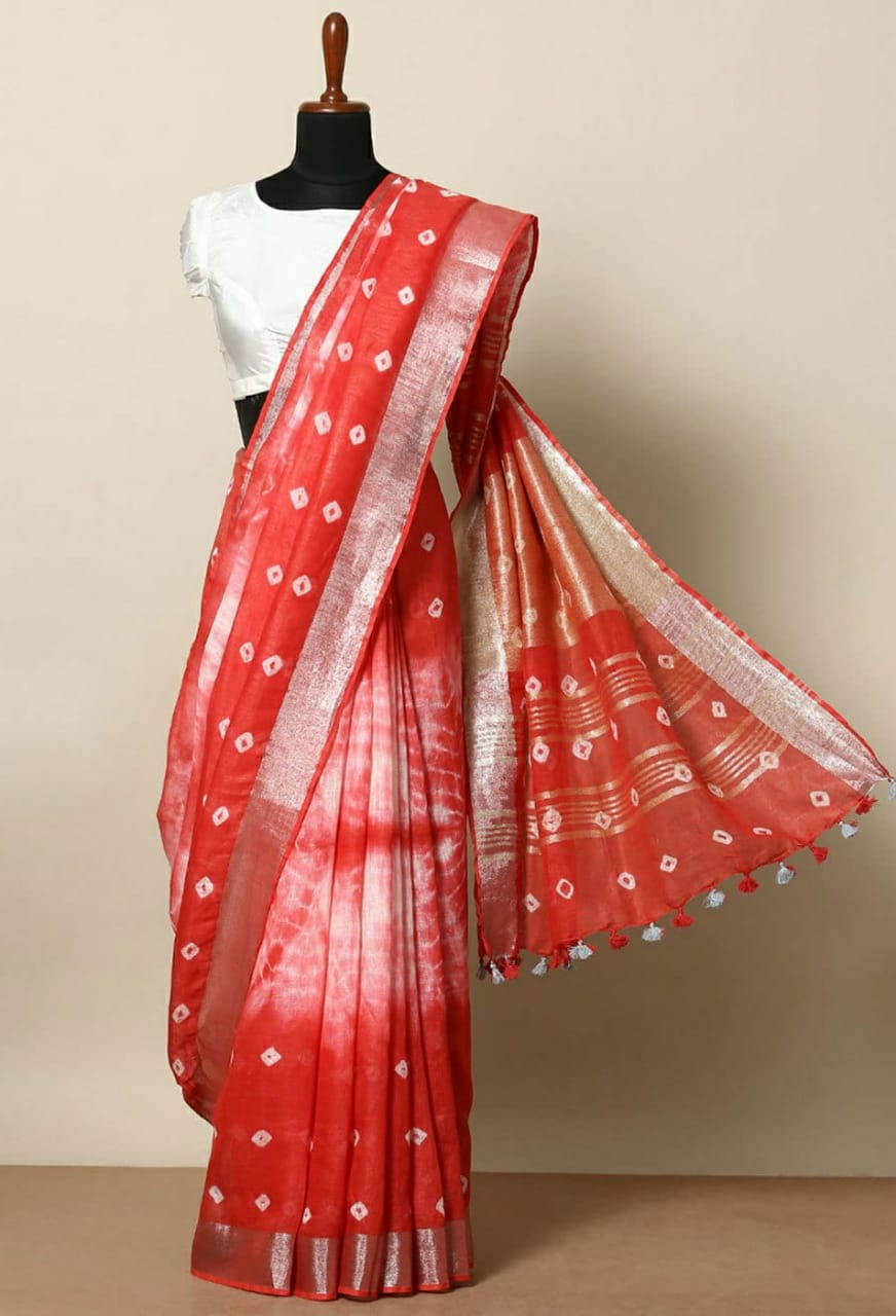 red pure linen shibori dyed saree - linenworldonline.in