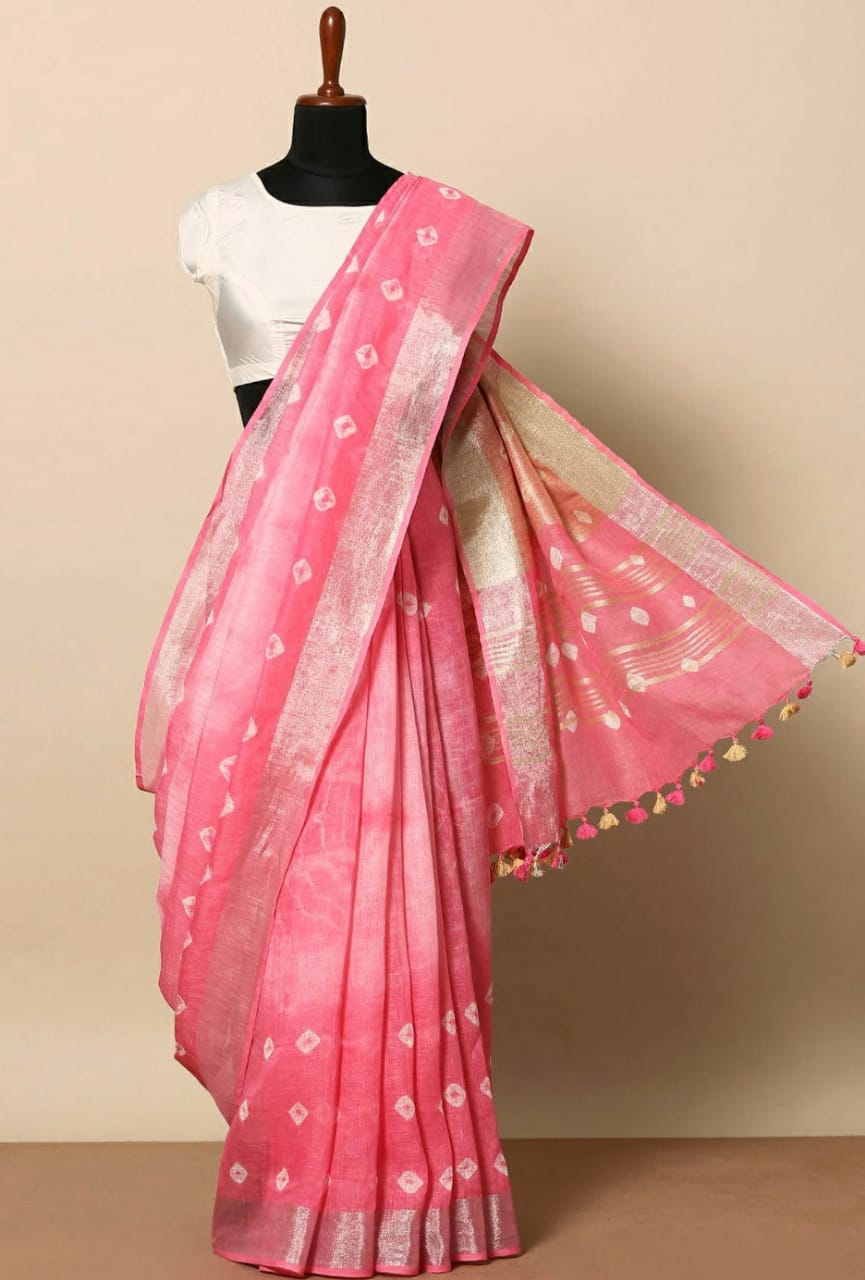 pink pure linen shibori dyed saree - linenworldonline.in