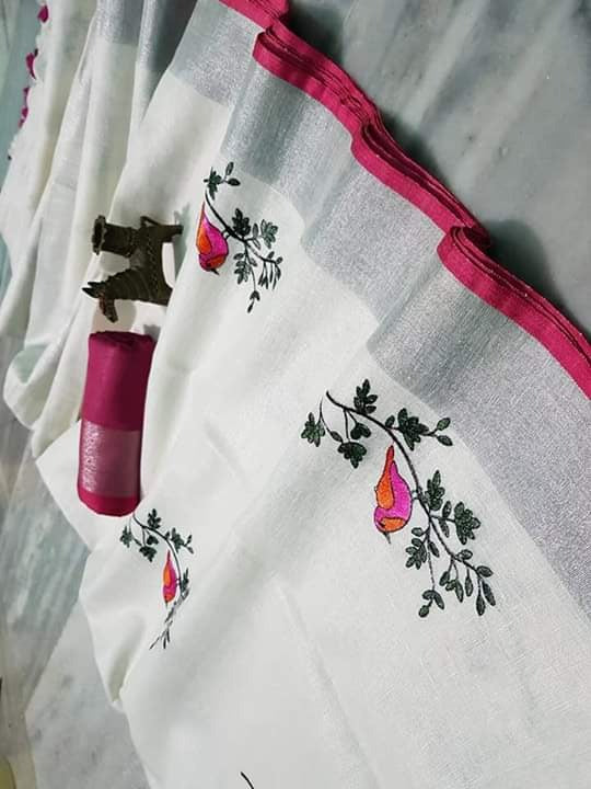 Embroidered Pure Linen Saree