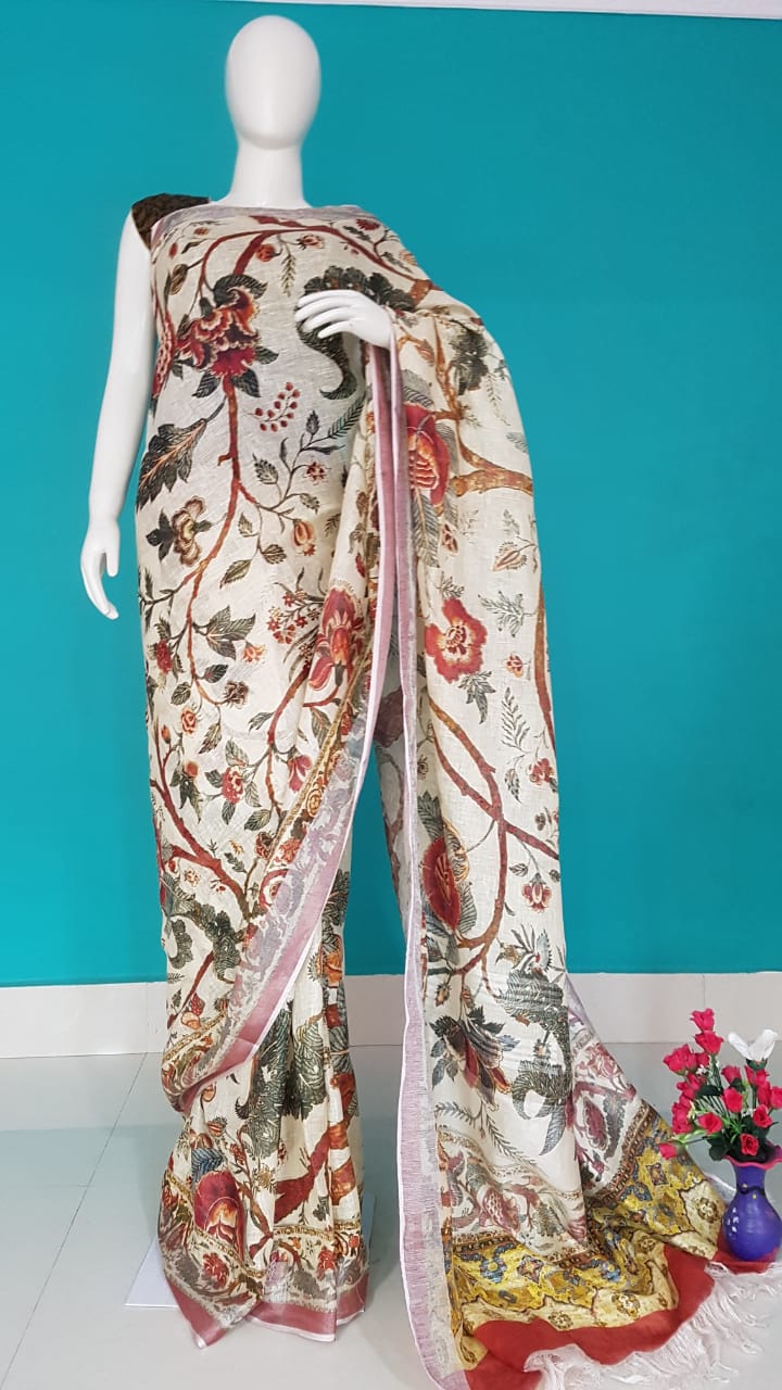 Digital Printed Handwoven Linen Saree