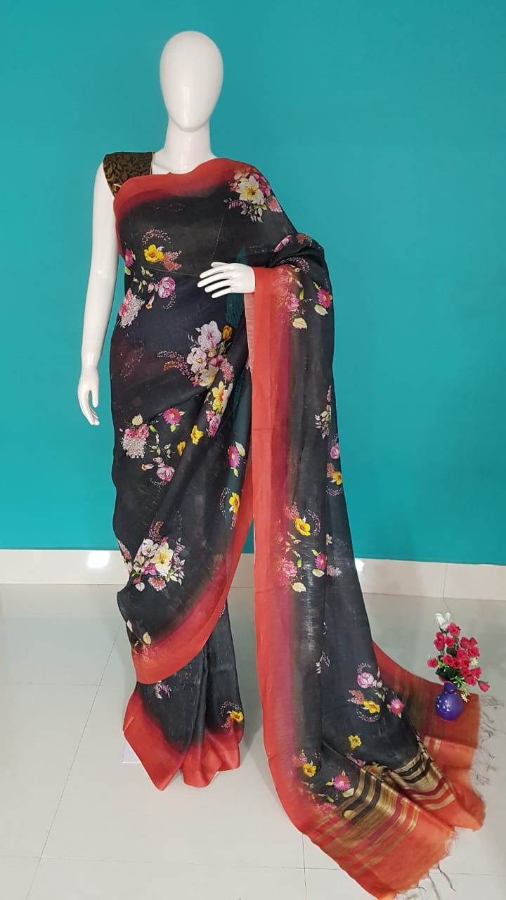 Digital Printed Handwoven Linen Saree