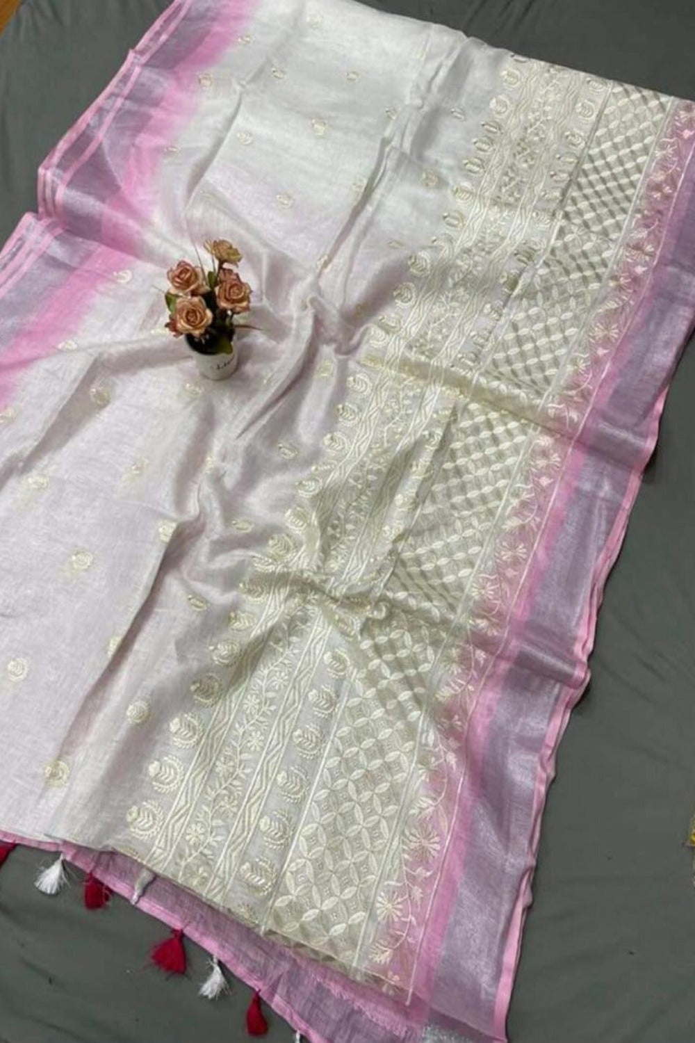 Tie-Dye Embroided Linen Saree - linenworldonline.in