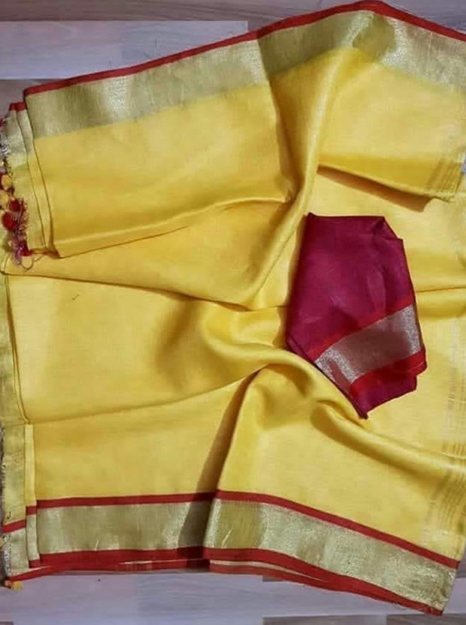 yellow linen saree