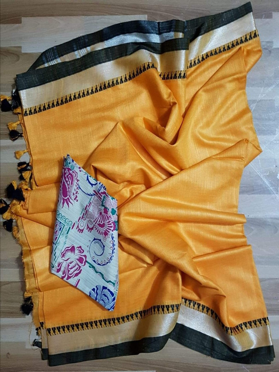 yellow temple border cotton saree with printed blouse