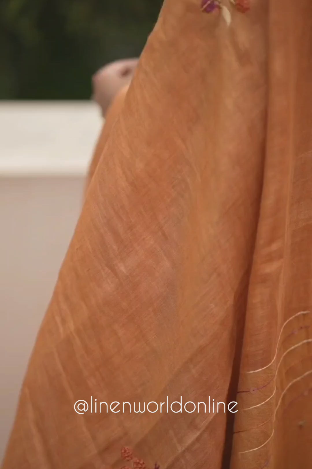 charlotte - copper pure zari linen french knot saree - linenworldonline.in