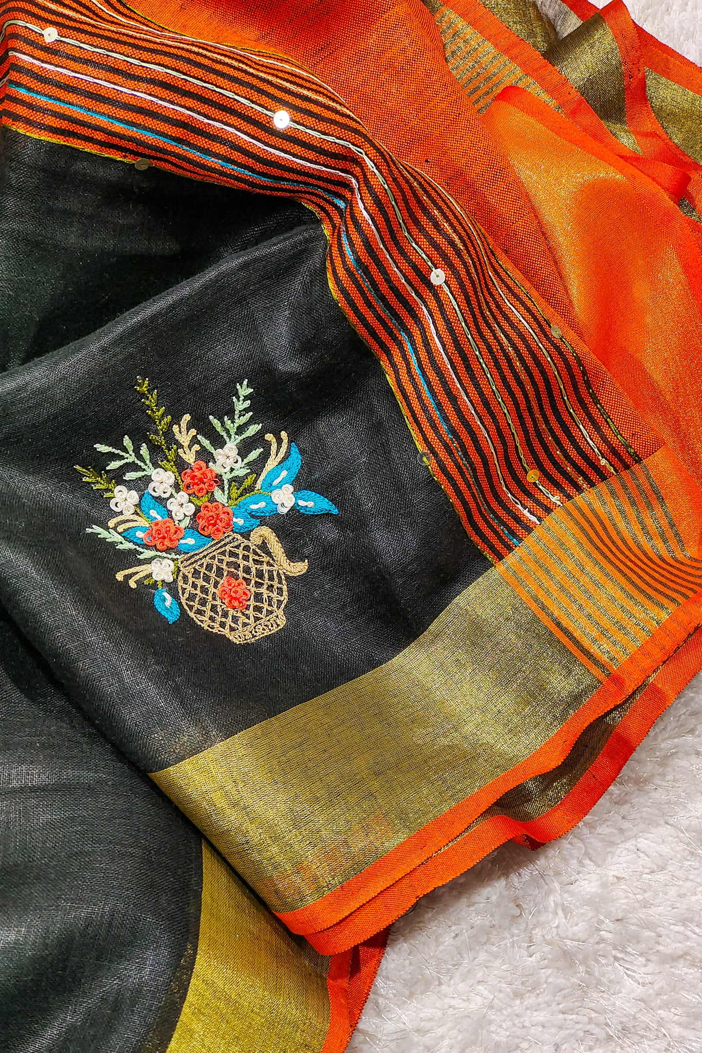 black french knot hand embroidered linen saree - linenworldonline.in