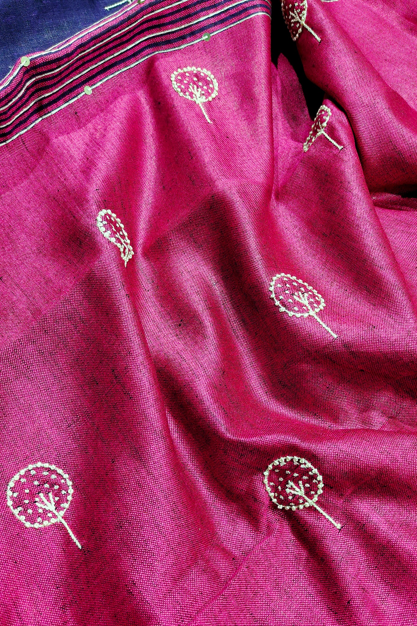 purple french knot hand embroidered linen saree - linenworldonline.in
