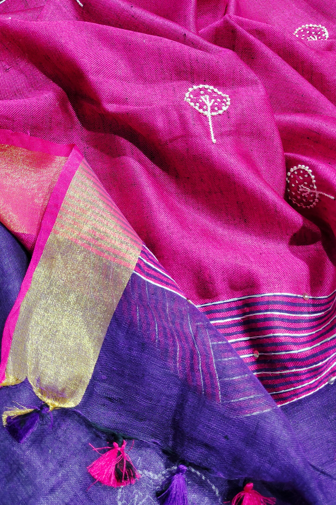 purple french knot hand embroidered linen saree - linenworldonline.in