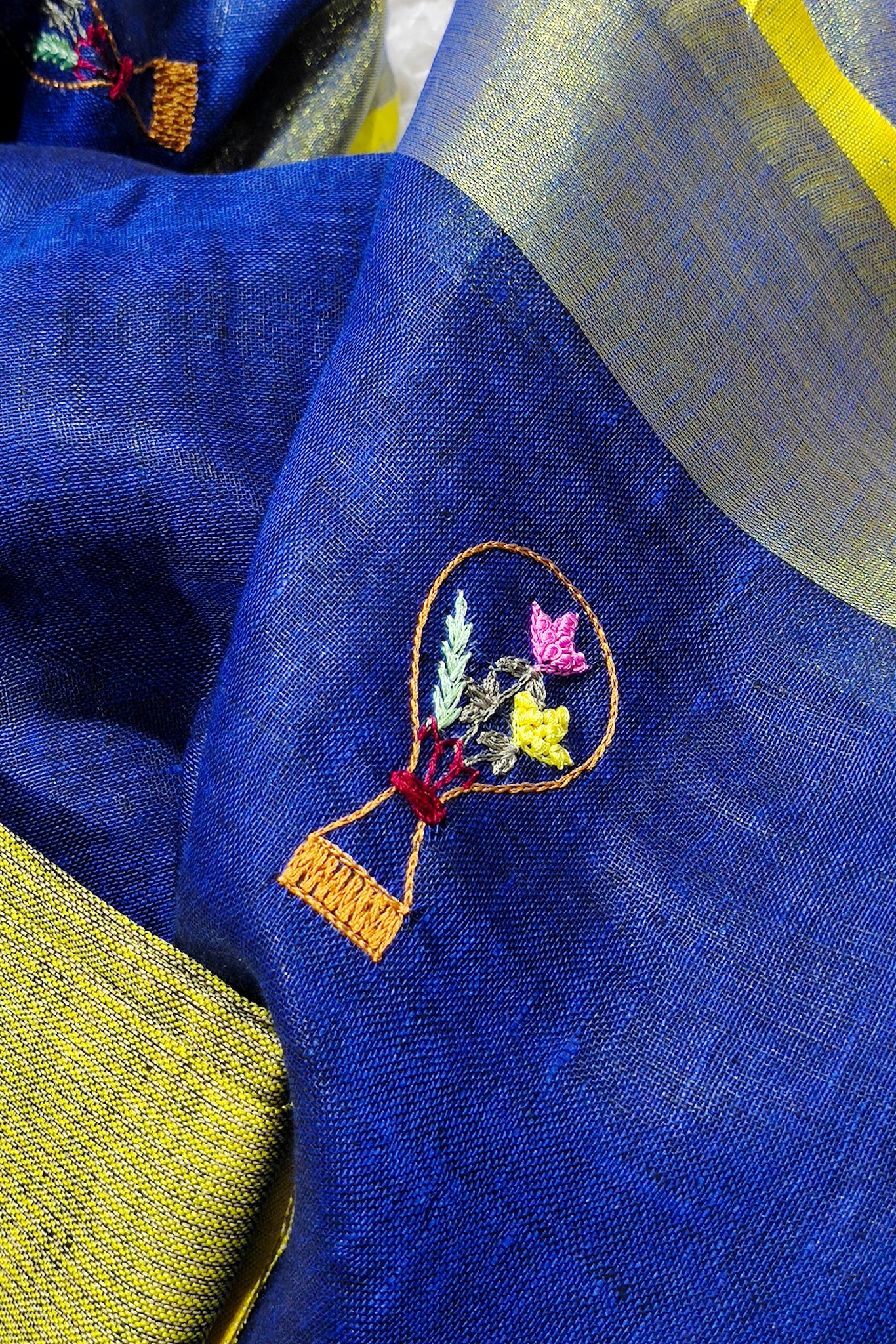 blue french knot hand embroidered linen saree - linenworldonline.in