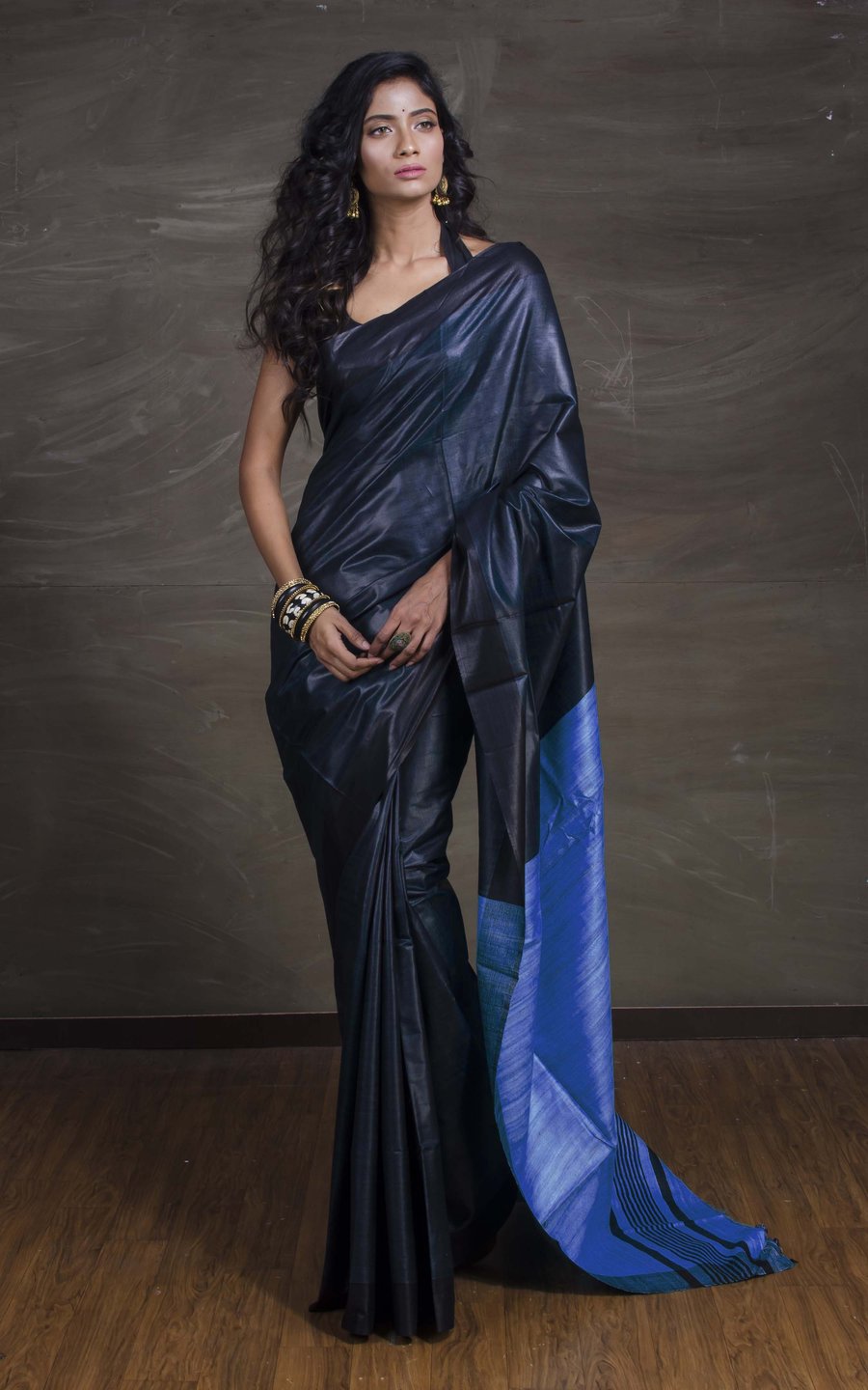 handloom tussar staple saree with ghicha pallu